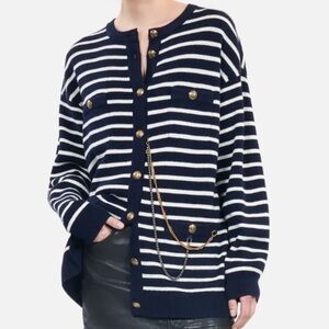 NWT The Kooples Striped Wool Cardigan Size 2 M Navy Cream Chain Oversized